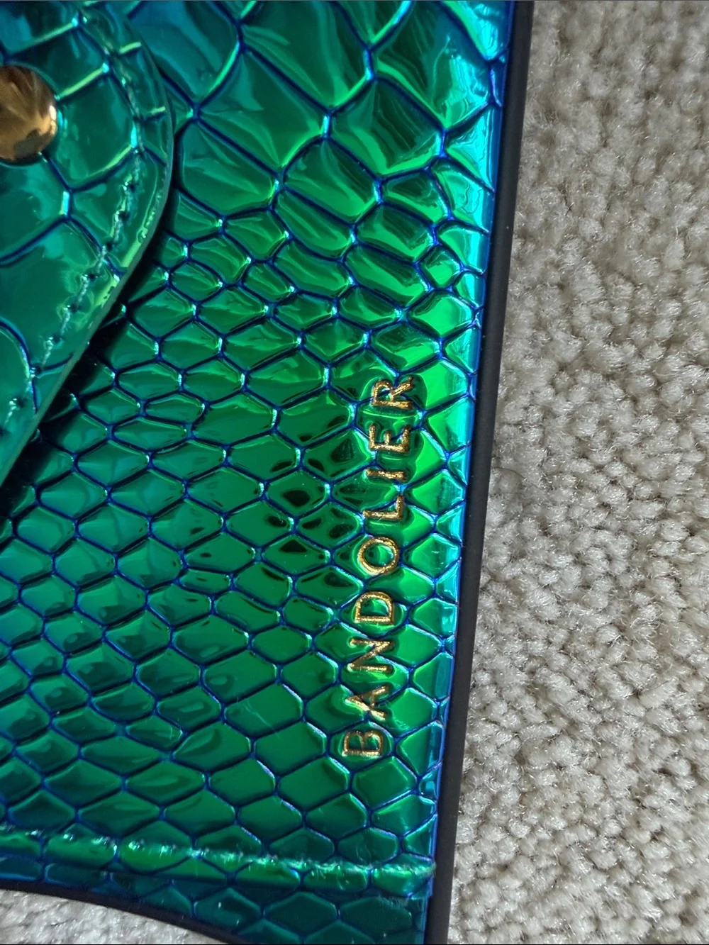 iPhone 14 Pro Max Bandolier Iridescent Green Snake-Embossed Phone Case with Gold